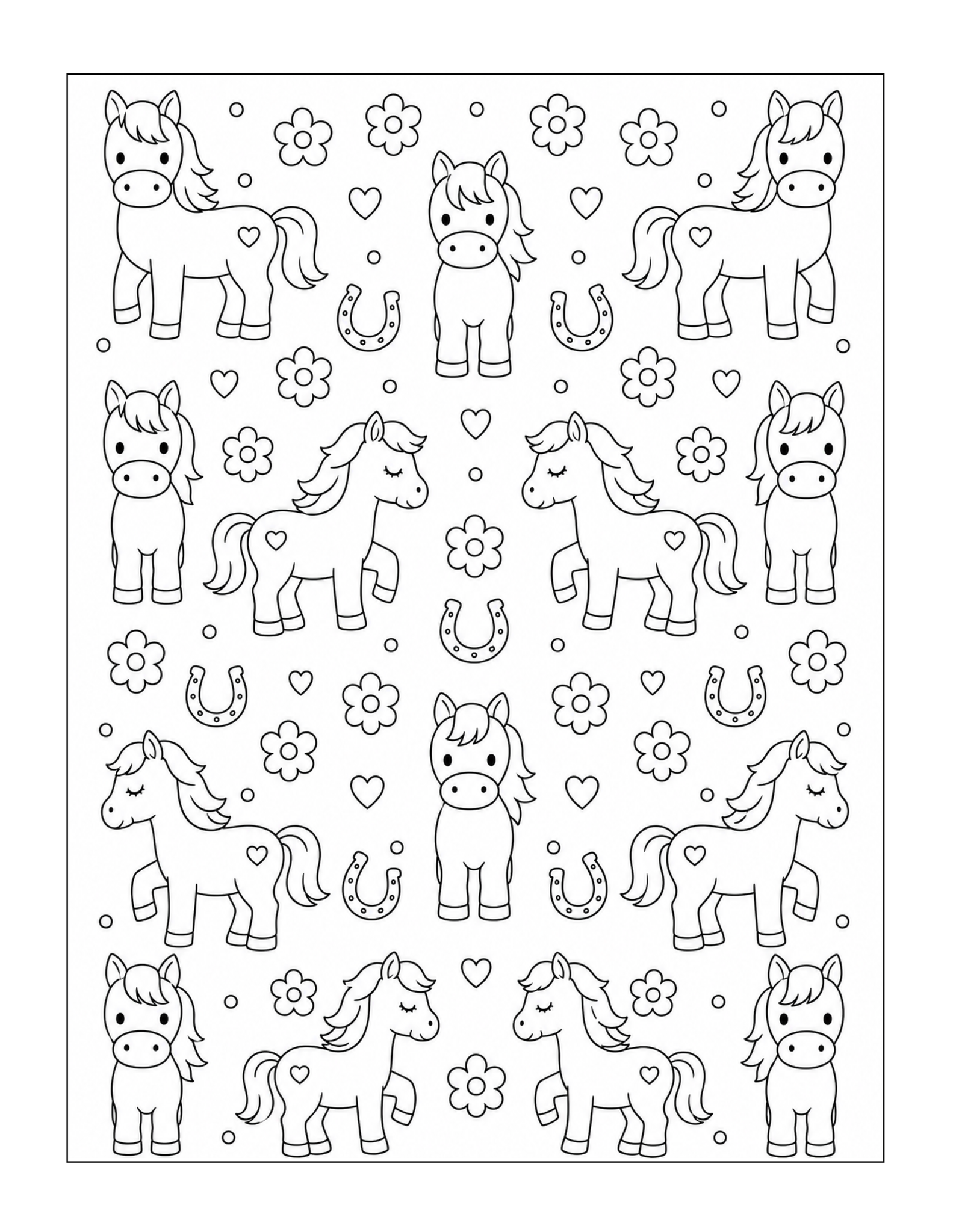 A repeating pattern of little ponies, rainbows, stars, and hearts.