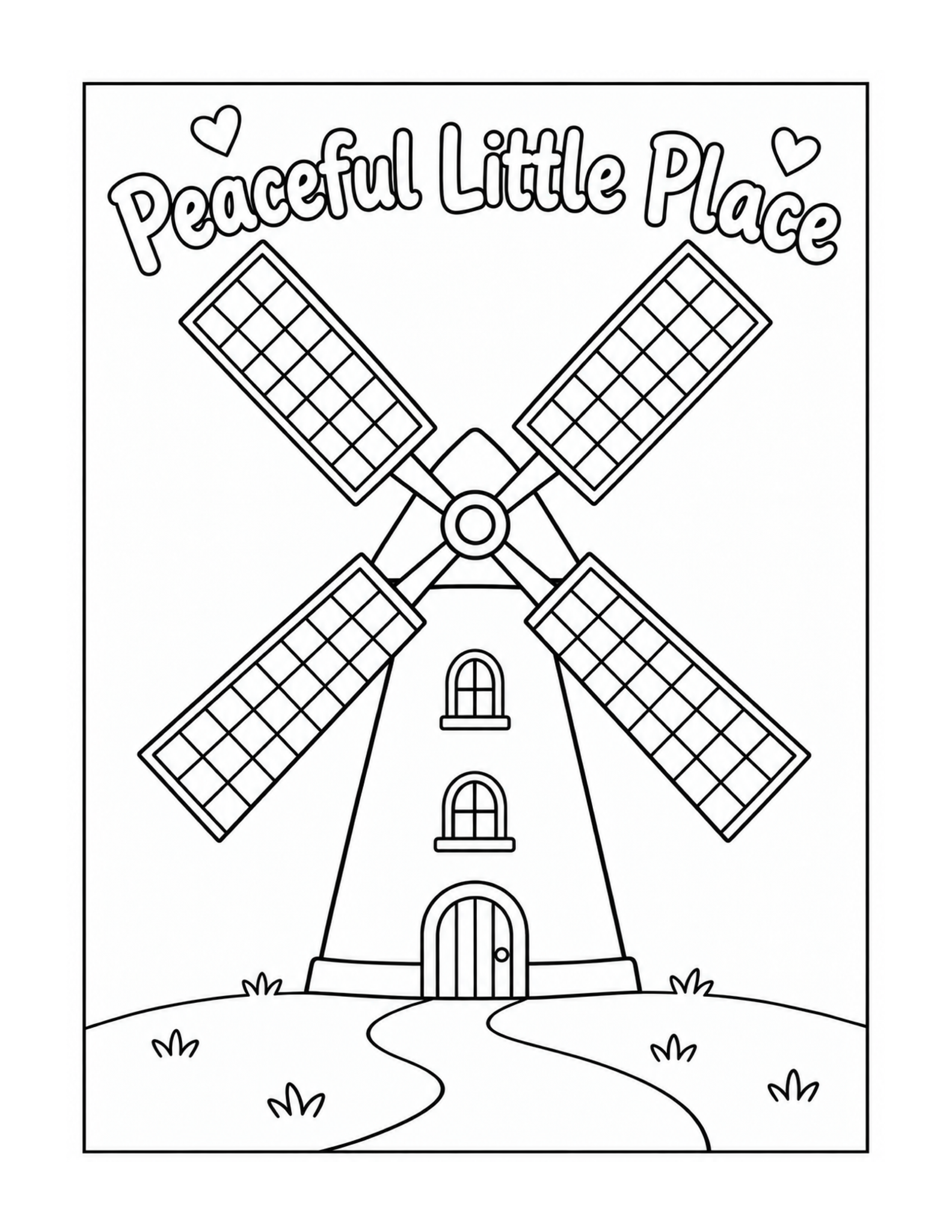 A little windmill stands beneath the words Peaceful Little Place.
