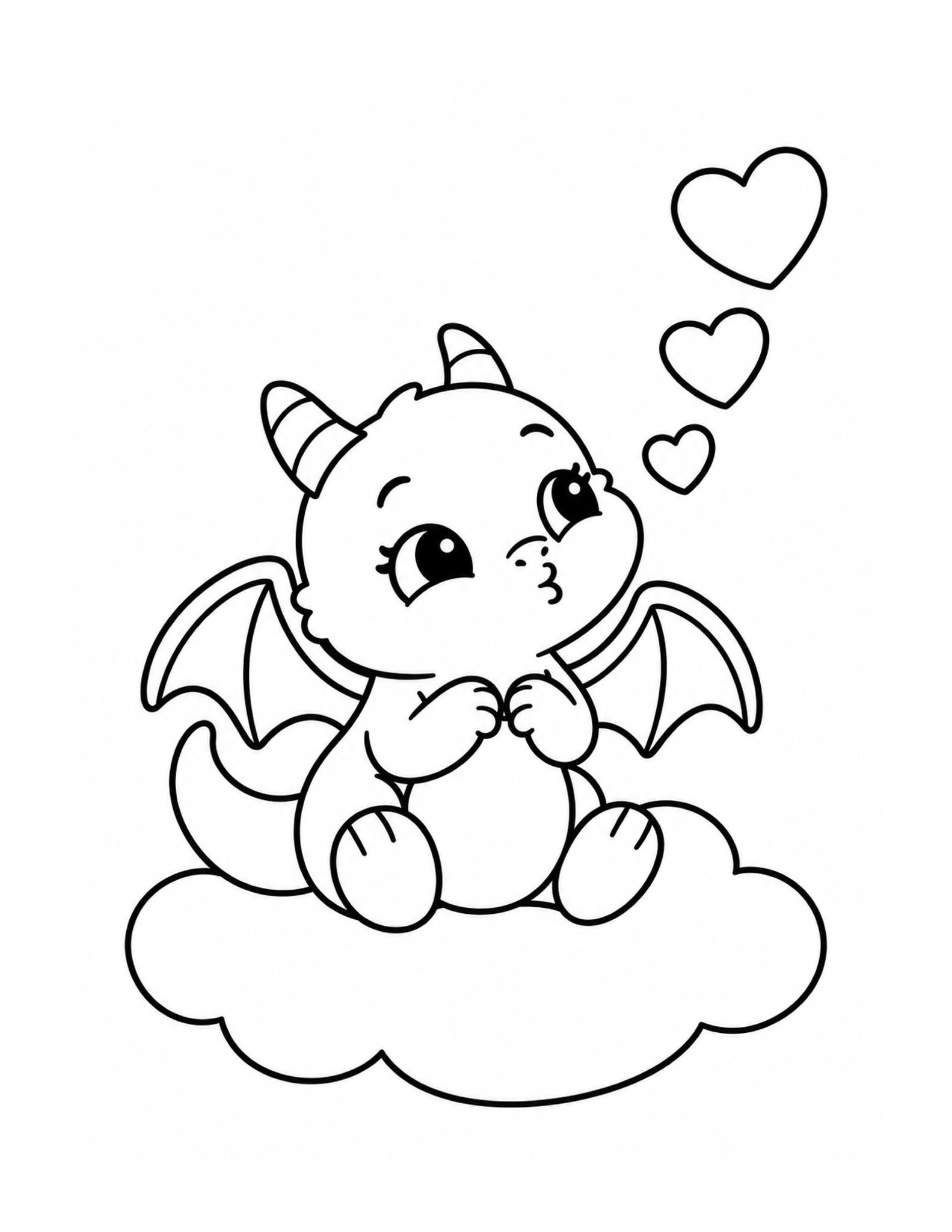 A baby dragon sits on a cloud beneath floating hearts.