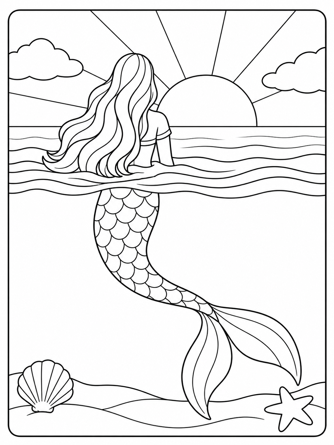 A mermaid seen from behind watches the sunset across the water.