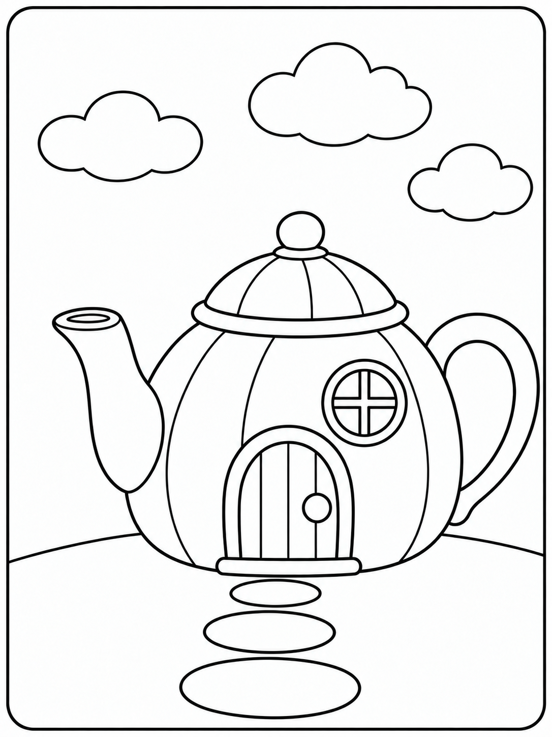 A teapot becomes a tiny cottage with a door and round window beneath simple clouds.