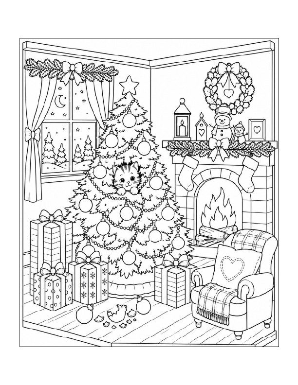 Free printable cat in the Christmas tree coloring page