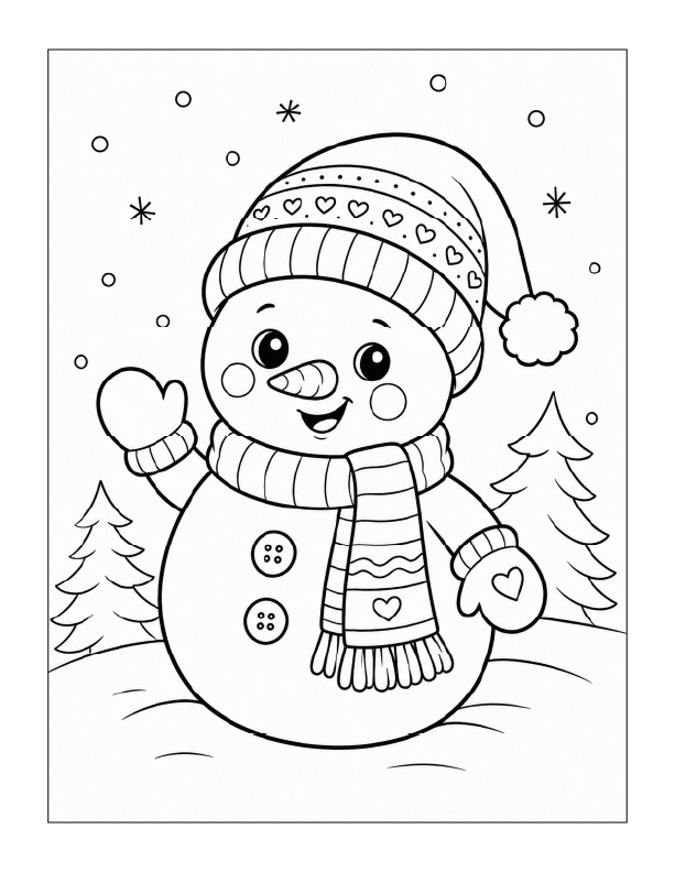 Free printable cheerful holiday snowman coloring page