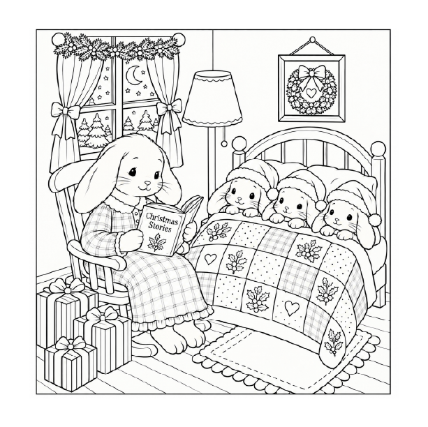 Free printable bunny family Christmas coloring page