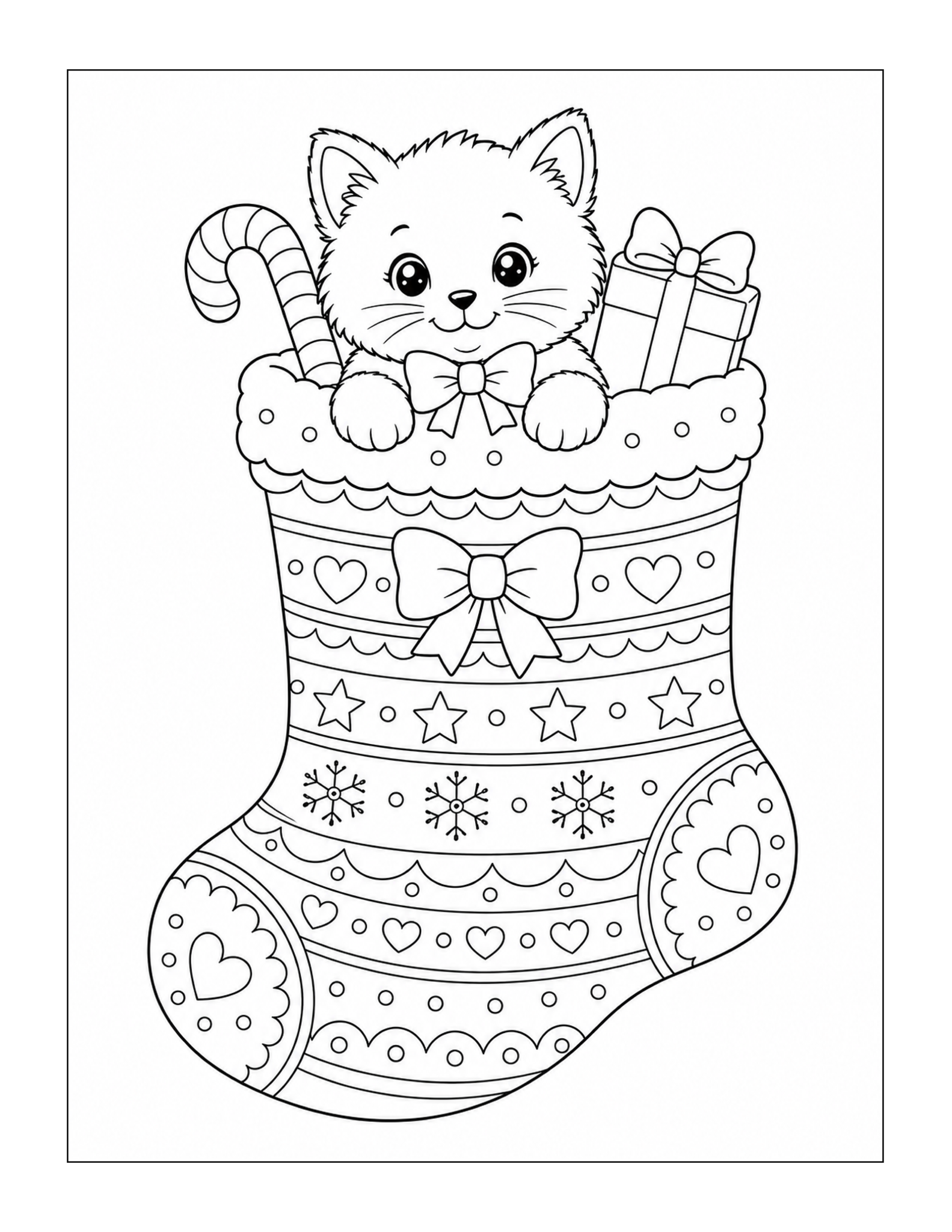 Free printable cute kitten in a stocking coloring page