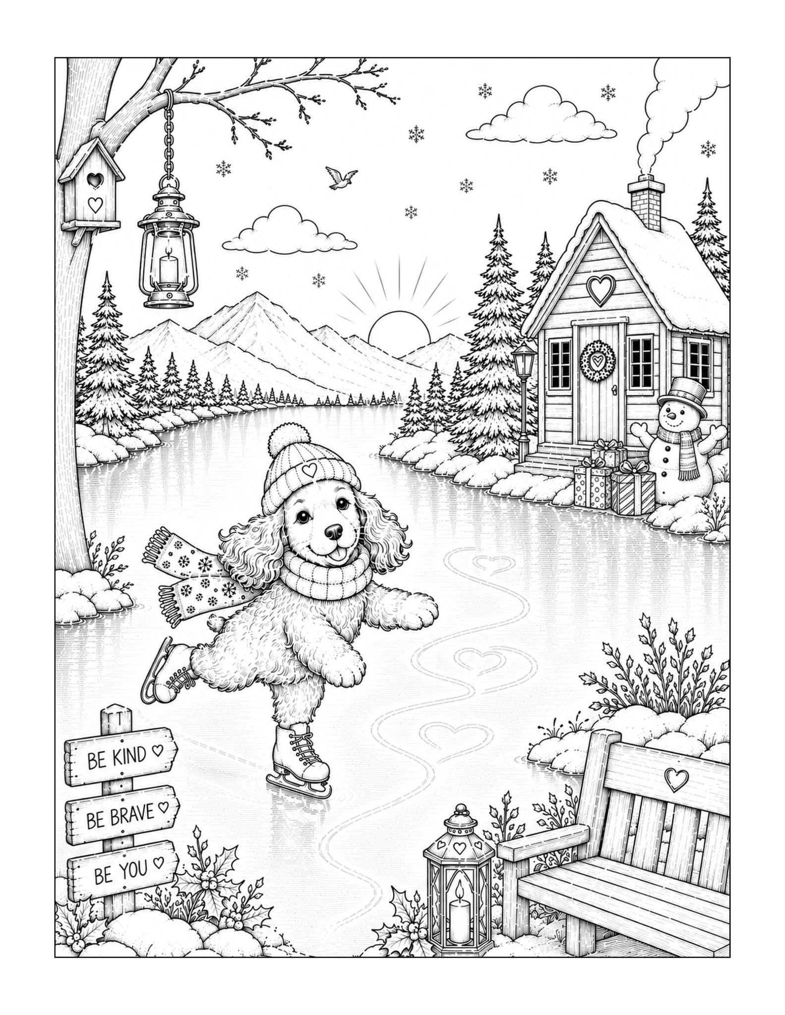 Free printable Christmas dog ice skating coloring page