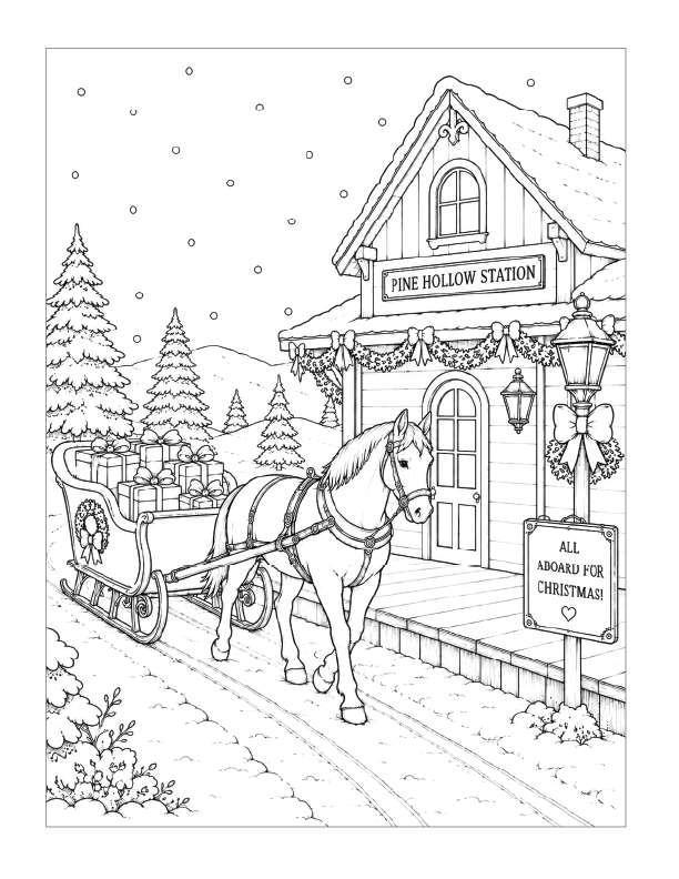 Free printable Christmas horse carriage coloring page