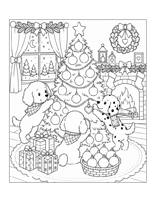 Free printable puppies decorating for Christmas coloring page