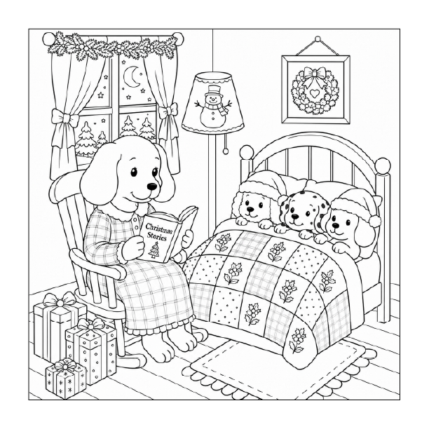 Free printable Christmas puppies storytime coloring page