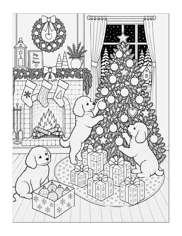 Free printable puppy family Christmas coloring page