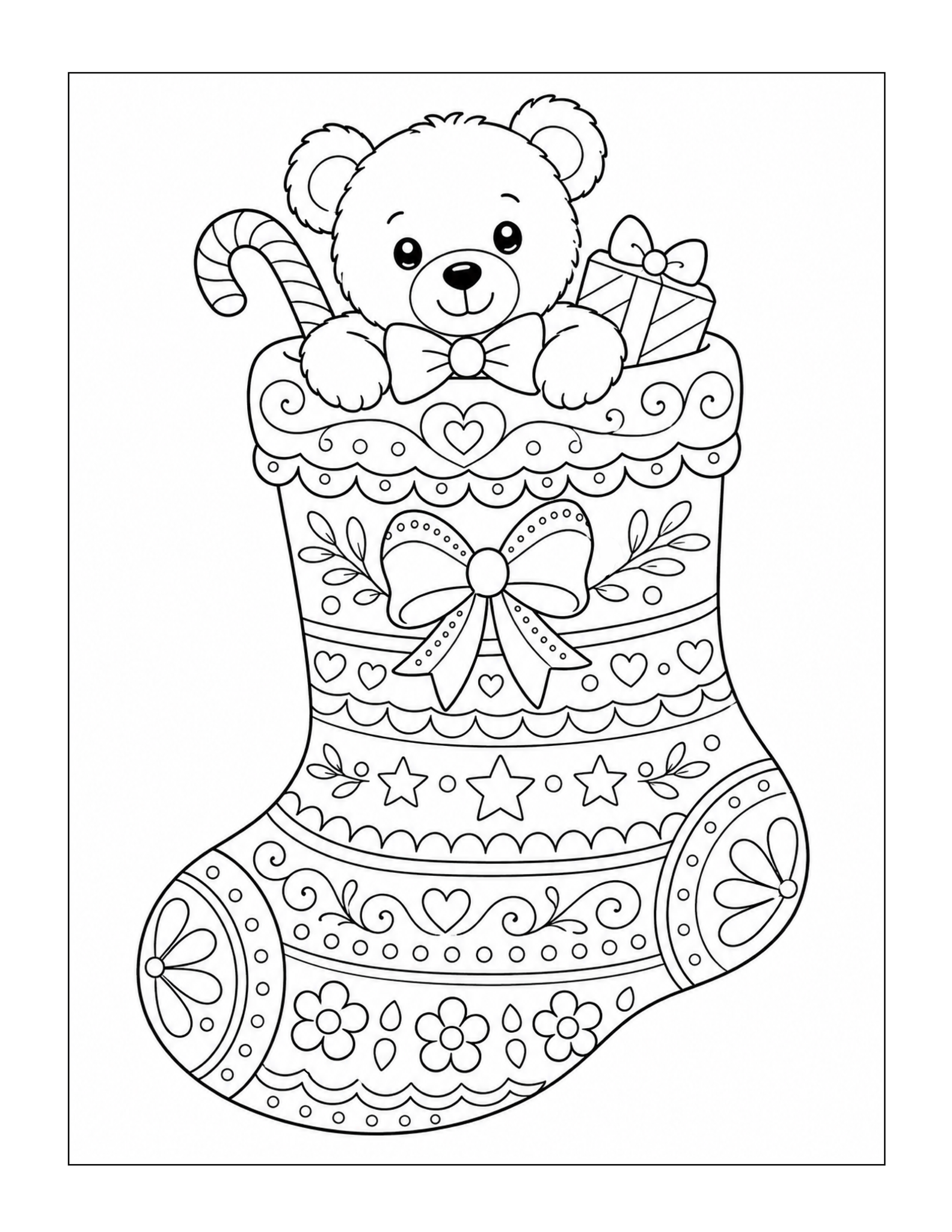 Free printable cute Christmas bear in a stocking coloring page