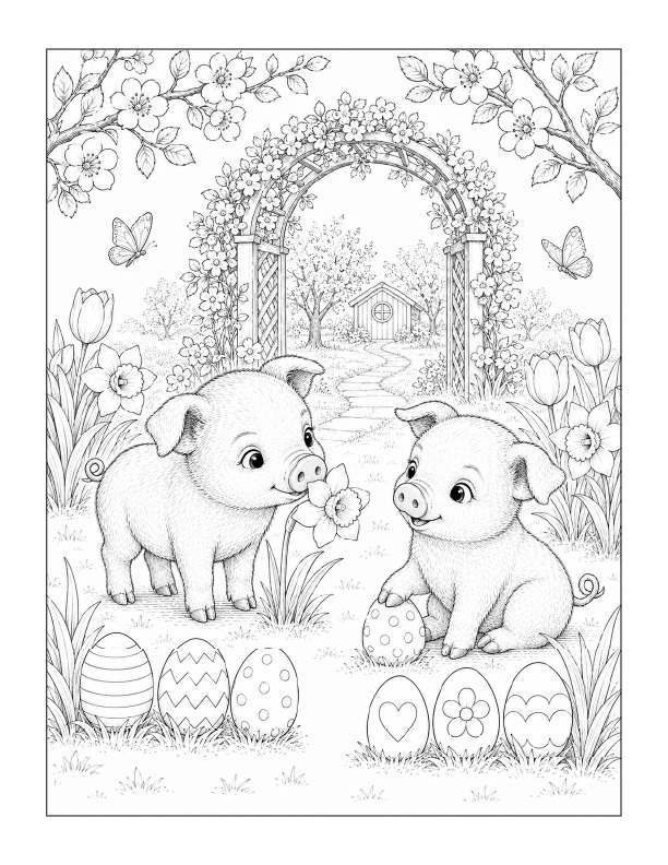 Free printable cute Easter piglets coloring page with decorated eggs, spring flowers, butterflies, and a garden arch