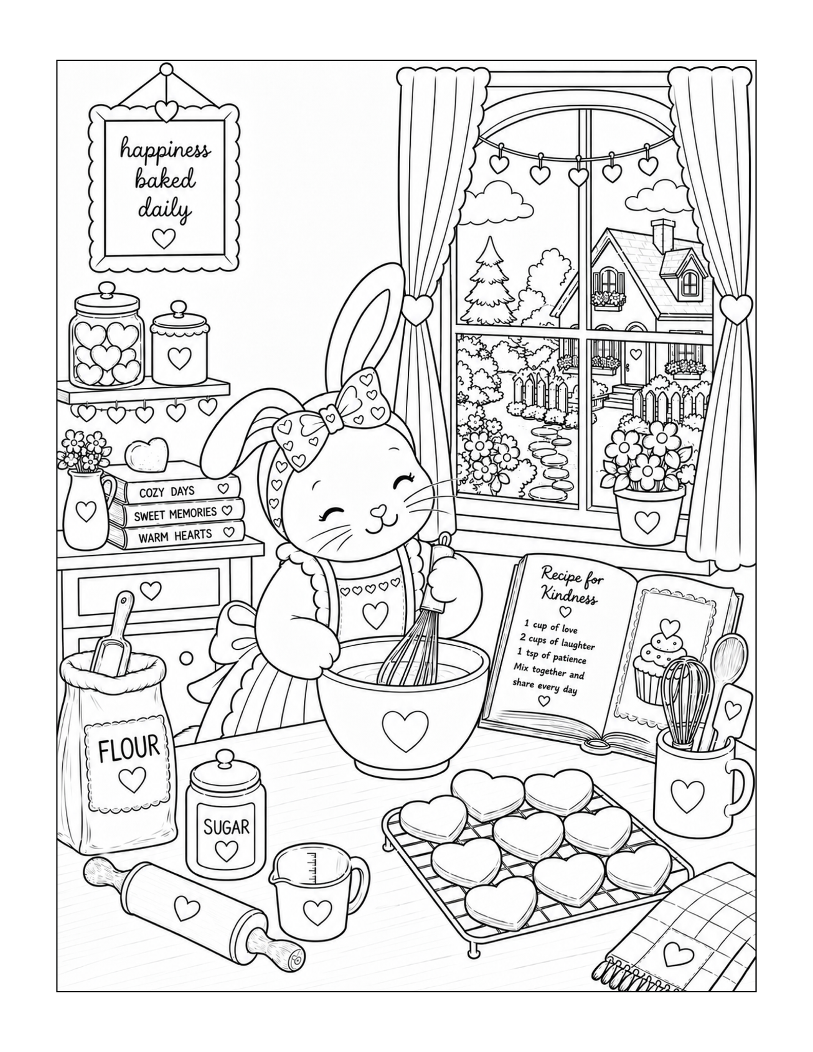 Free printable cozy Easter baking day with a bunny coloring page