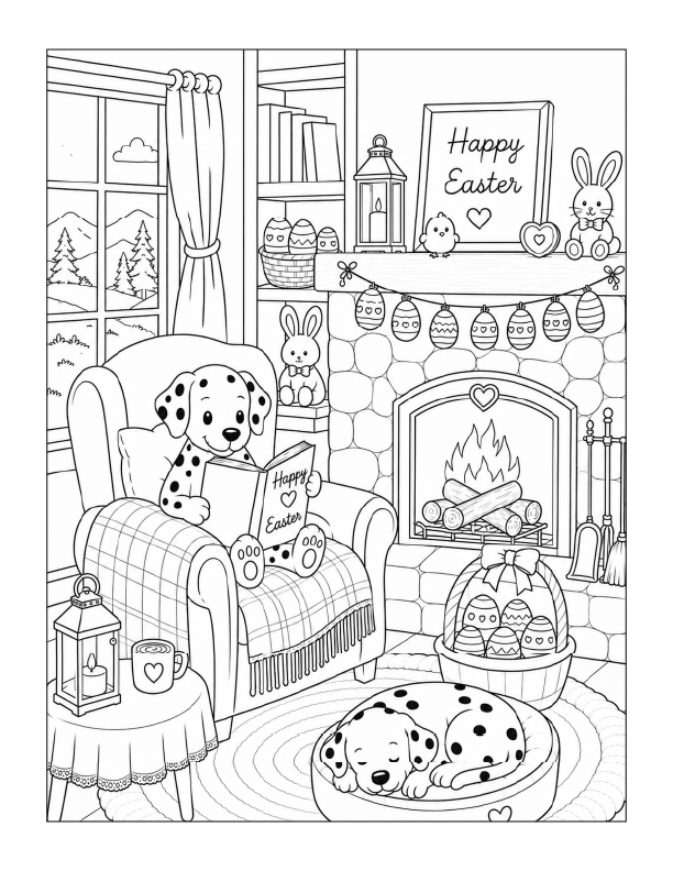 Free printable cozy Dalmatian Easter coloring page