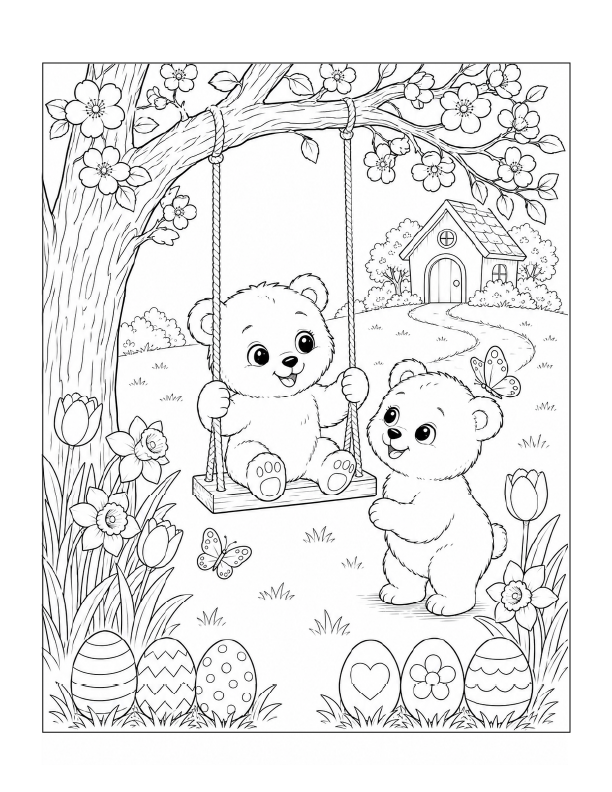Free printable cute bear cubs Easter coloring page