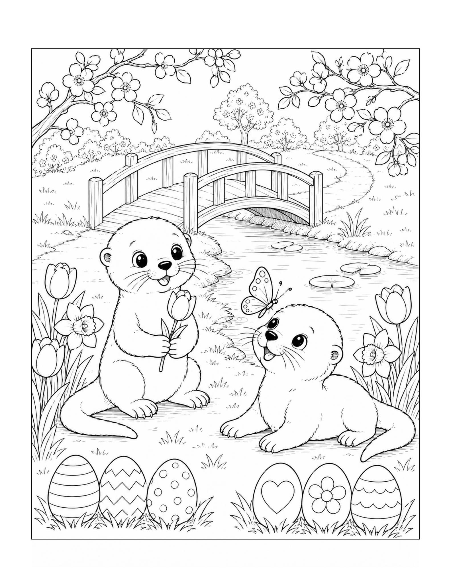 Free printable cute otters in the park Easter coloring page
