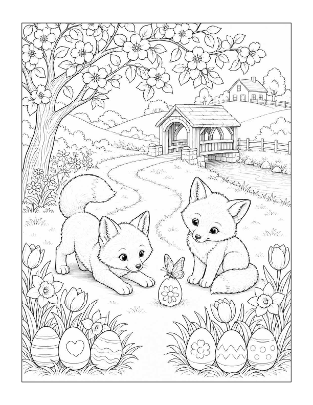 Free printable fox kits beneath the apple tree Easter coloring page