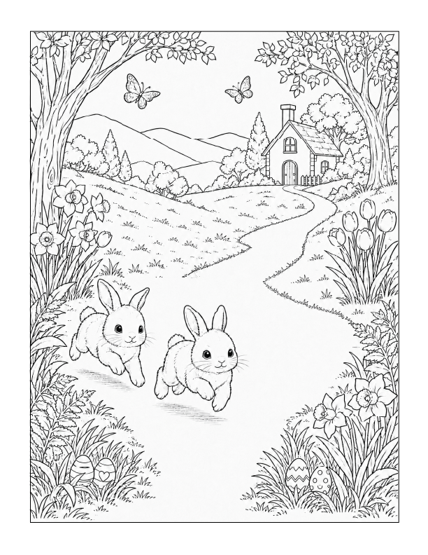 Free printable happy hopping Easter bunnies coloring page