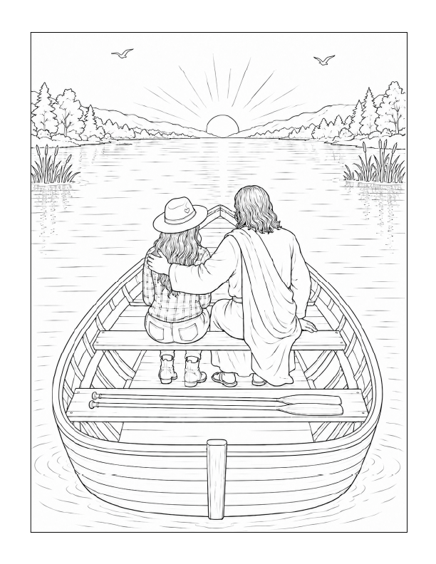 Free printable Easter coloring page in the boat with Jesus