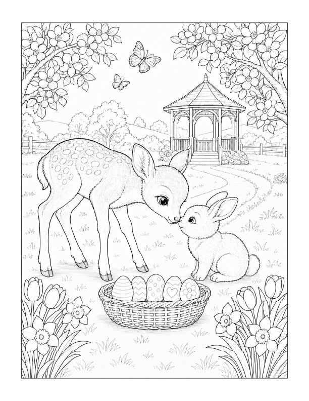 Free printable fawn and bunny forest friends Easter coloring page
