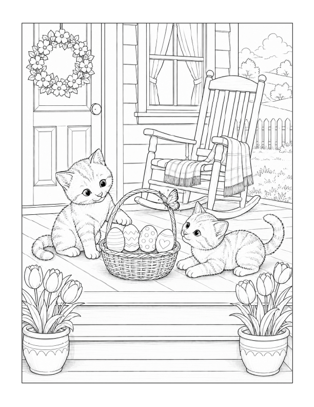 Free printable kittens on a flower-filled porch Easter coloring page
