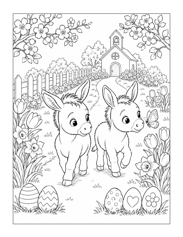 Free printable Easter donkeys in the garden coloring page with two young donkeys, decorated eggs, tulips, butterflies, a white fence, and a little chapel