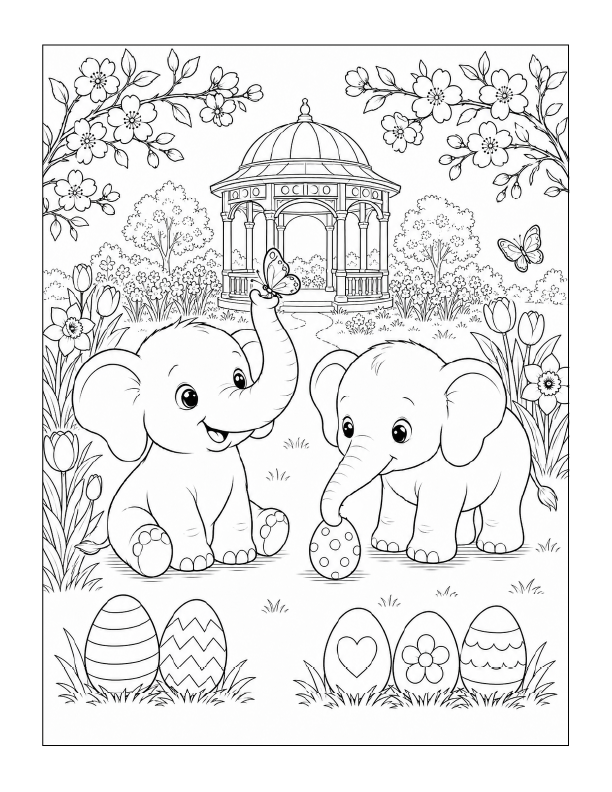 Free printable Easter elephants in a spring garden coloring page with decorated eggs, flowers, butterflies, and a gazebo
