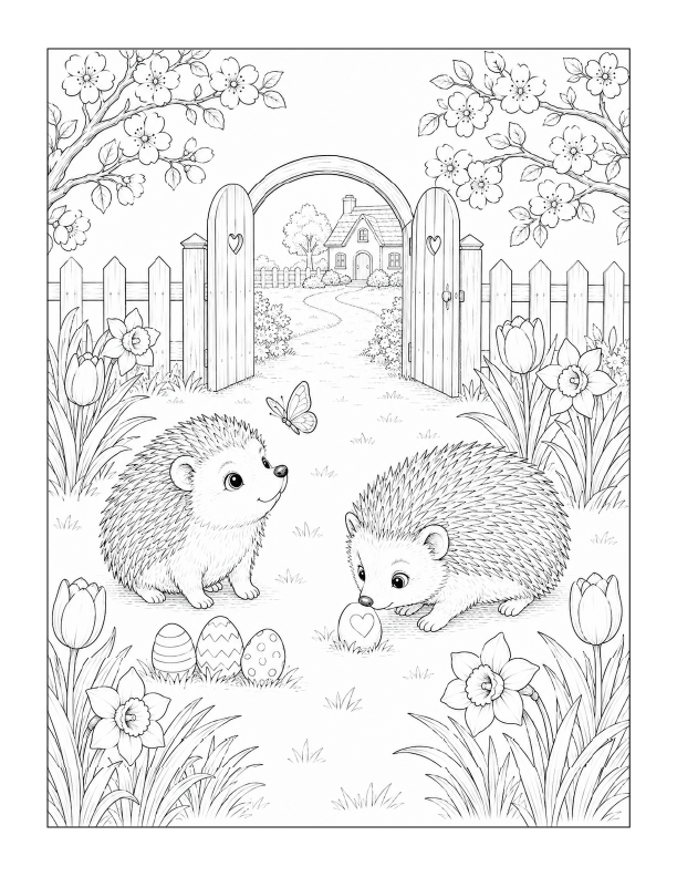 Free printable Easter hedgehogs coloring page with two cute hedgehogs, decorated eggs, tulips, butterflies, and an open garden gate