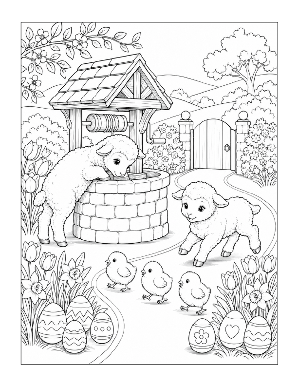 Free printable Easter lambs and tiny garden tulips coloring page
