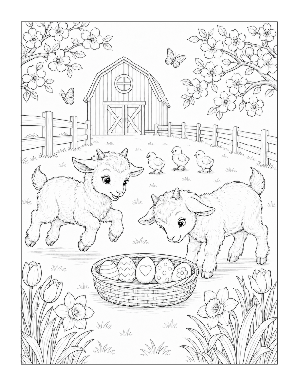 Free printable Easter on the farm coloring page with two lambs, a basket of decorated eggs, chicks, tulips, butterflies, and a barn