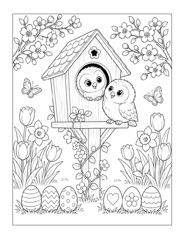 Free printable Easter owls in a spring garden coloring page with decorated eggs, flowers, butterflies, and a birdhouse