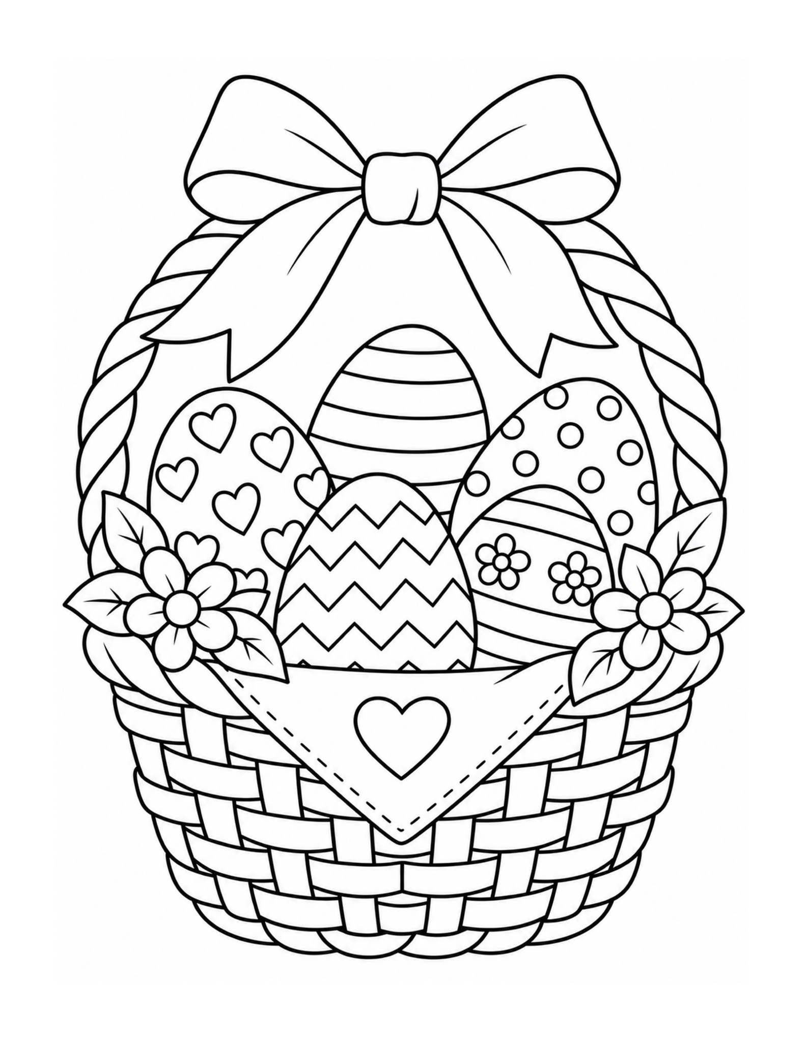 A bow-topped Easter basket holds decorated eggs with simple patterns.