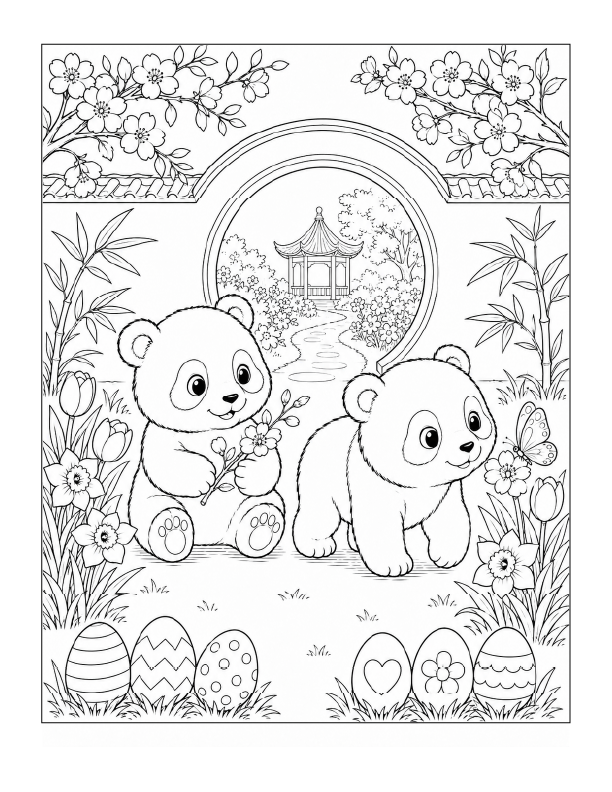 Free printable Japanese Easter pandas in a flower garden with decorated eggs, spring flowers, and a traditional garden scene