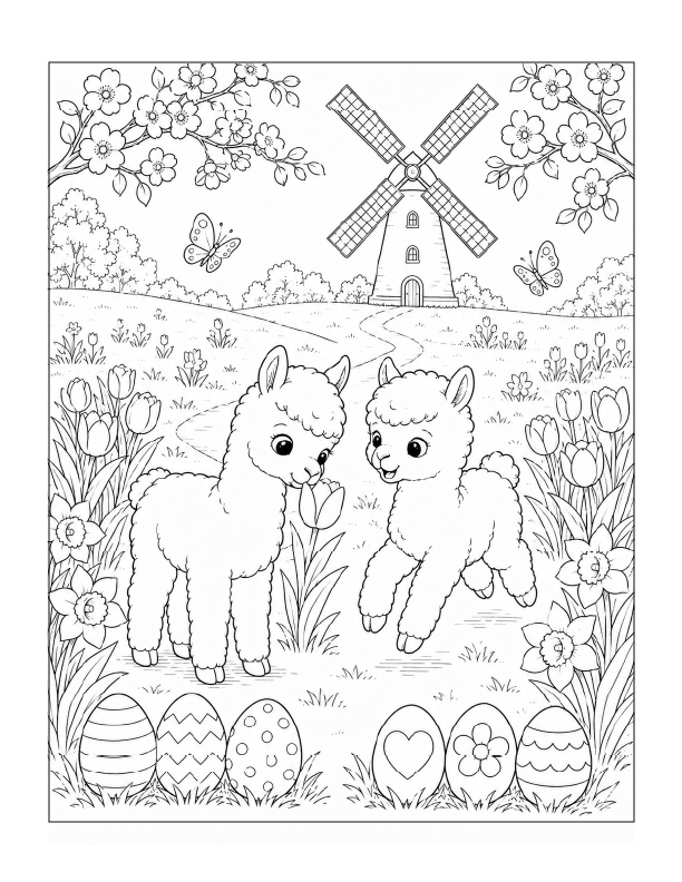 Free printable playful Easter llamas coloring page with decorated eggs, tulips, spring blossoms, butterflies, and a country windmill