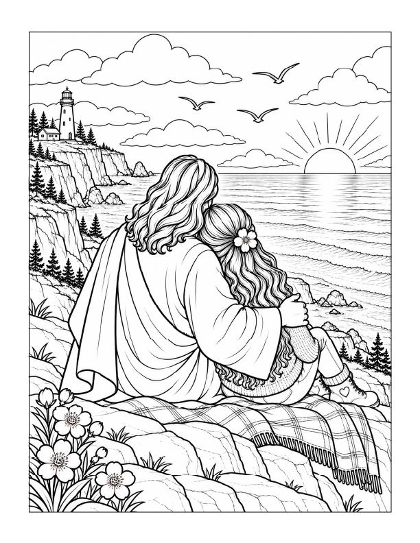 Free printable peaceful seaside with Jesus Easter coloring page