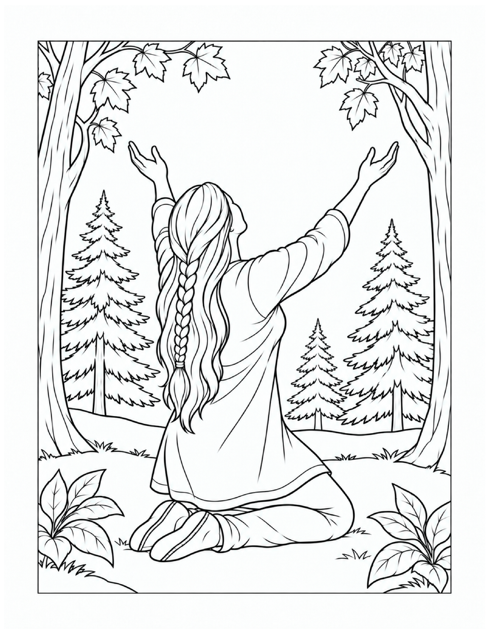 Free printable woman giving thanks in the forest coloring page