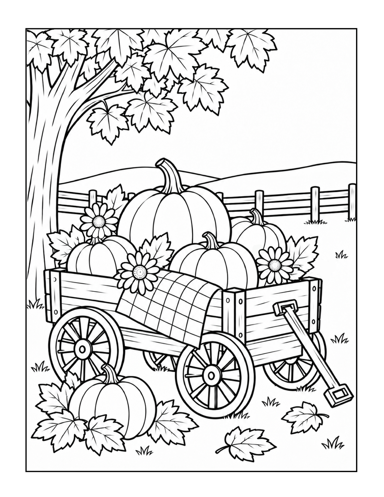 Free printable autumn harvest pumpkin wagon coloring page