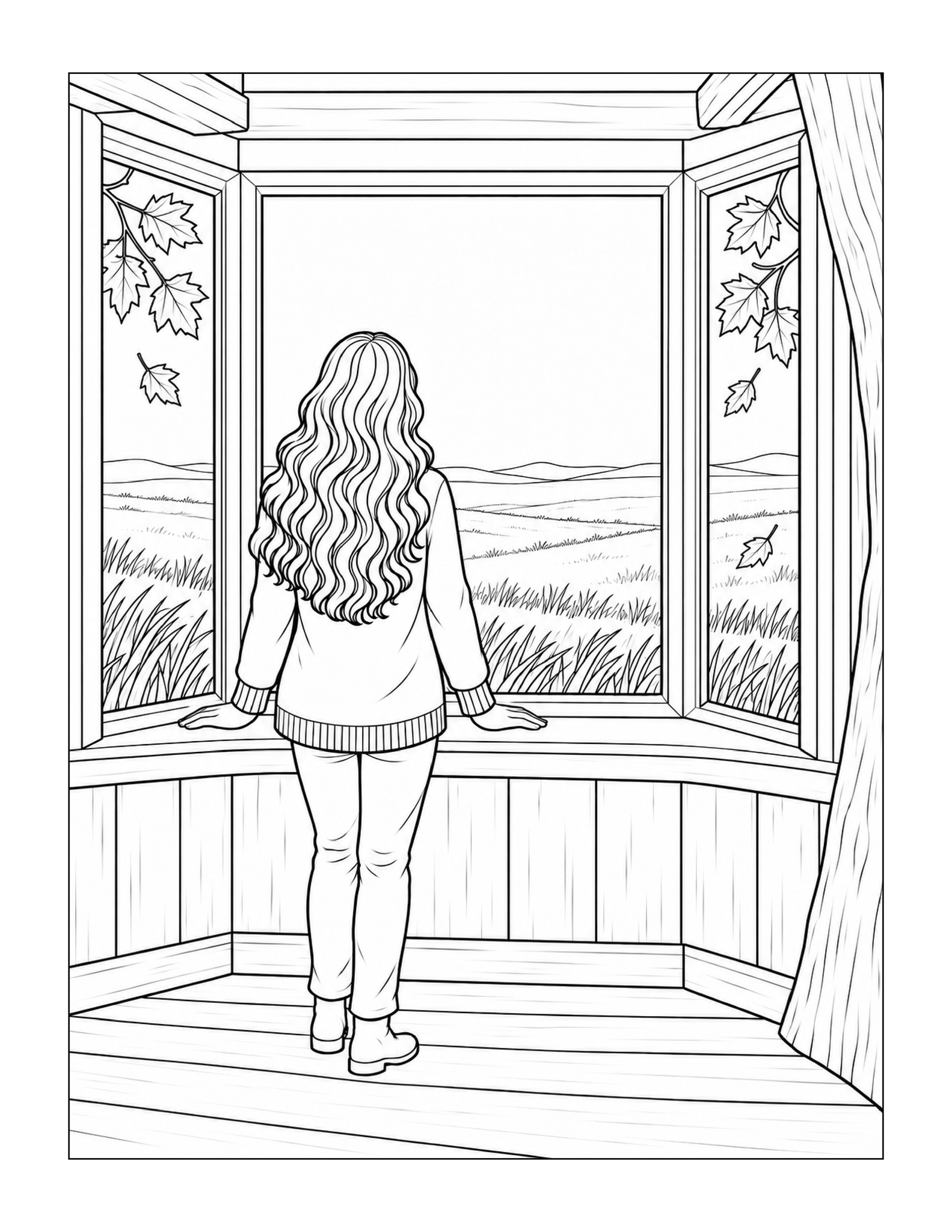 Free printable autumn treehouse window view coloring page