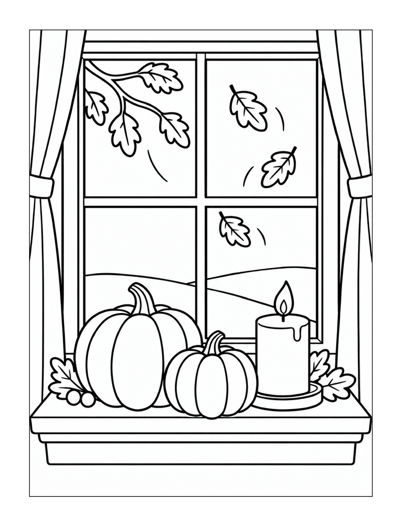 Free printable autumn window still life coloring page