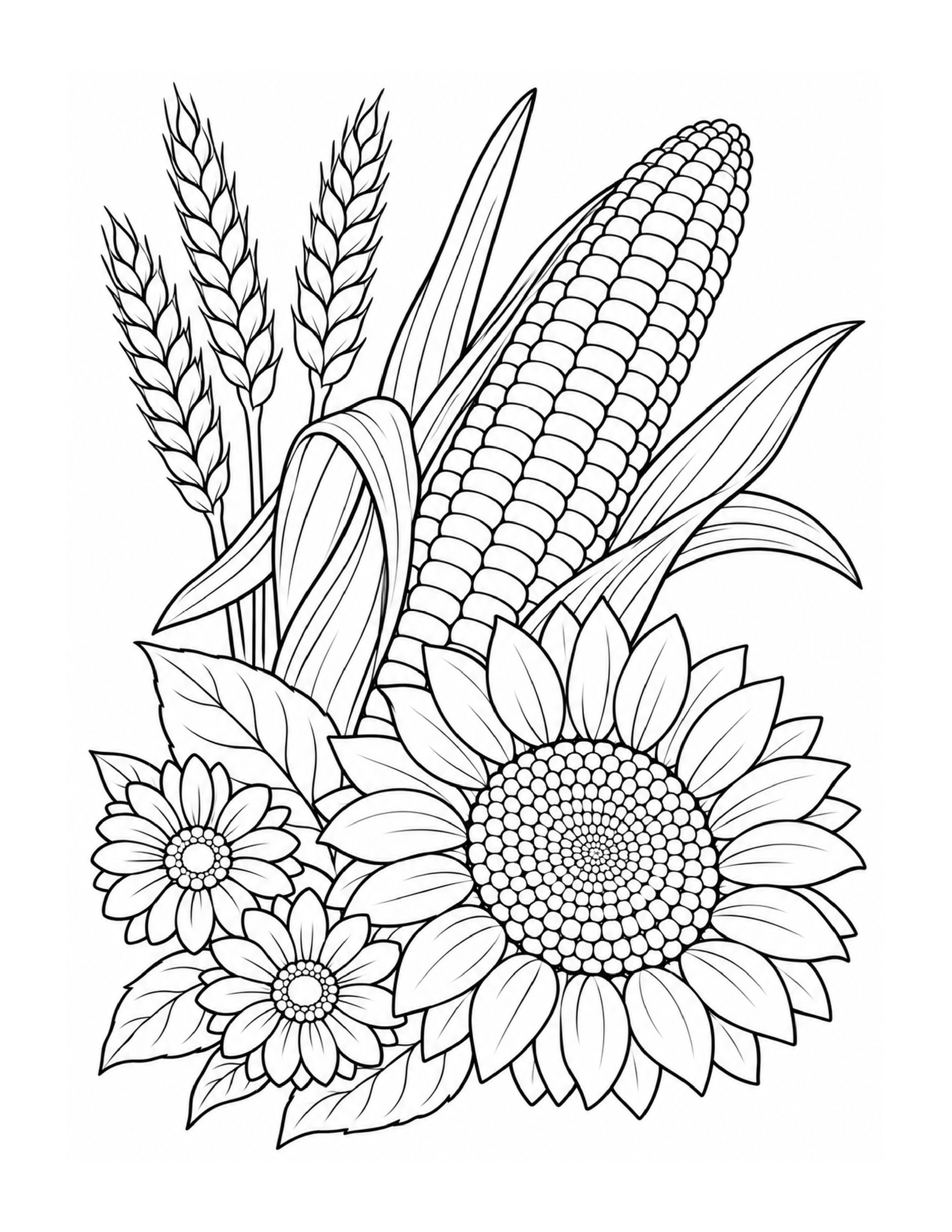 Free printable corn and sunflower harvest coloring page