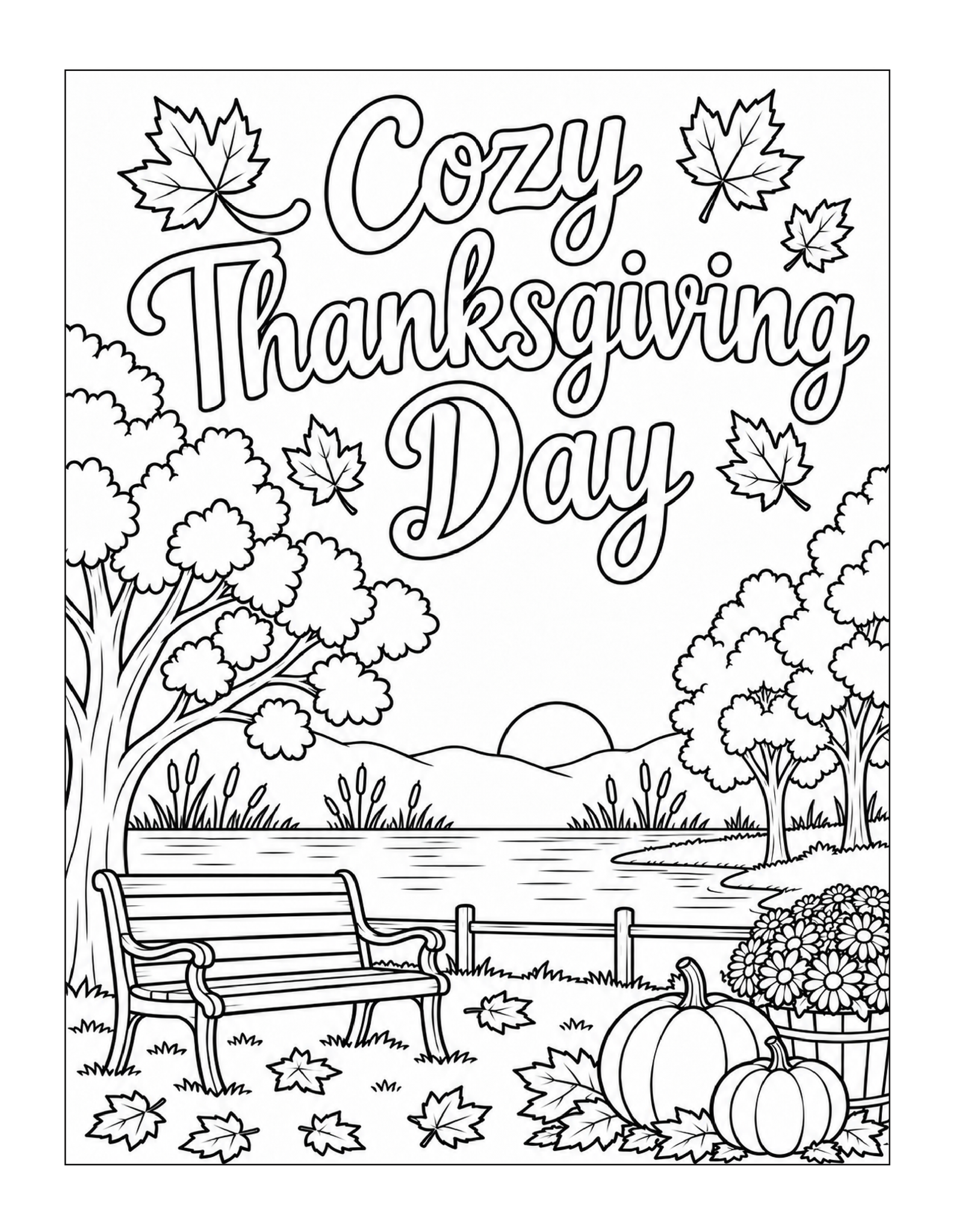 Free printable cozy Thanksgiving Day themed coloring sheet