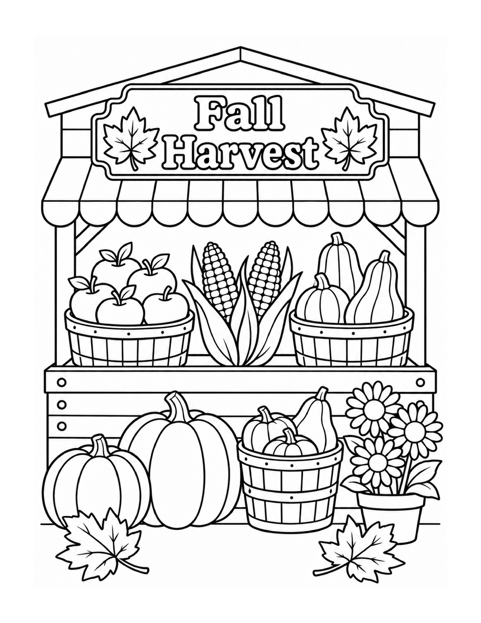 Free printable fall harvest farm stand coloring page
