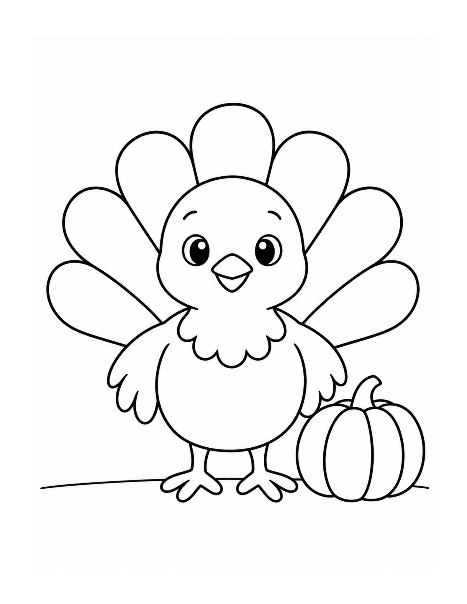 A round turkey sits beside a little pumpkin with a full fan of feathers.