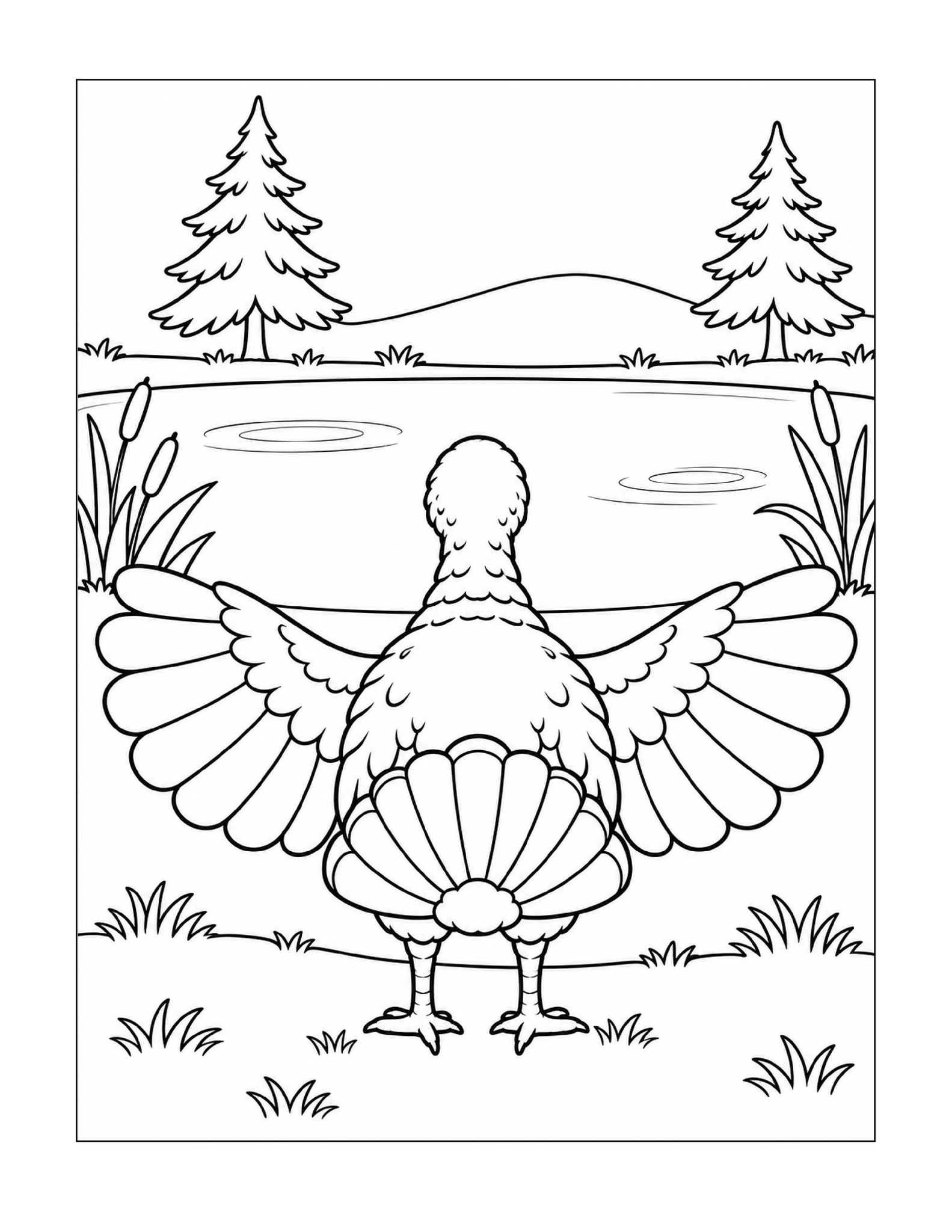 Printable Thanksgiving turkey beside a pond in a peaceful outdoor setting