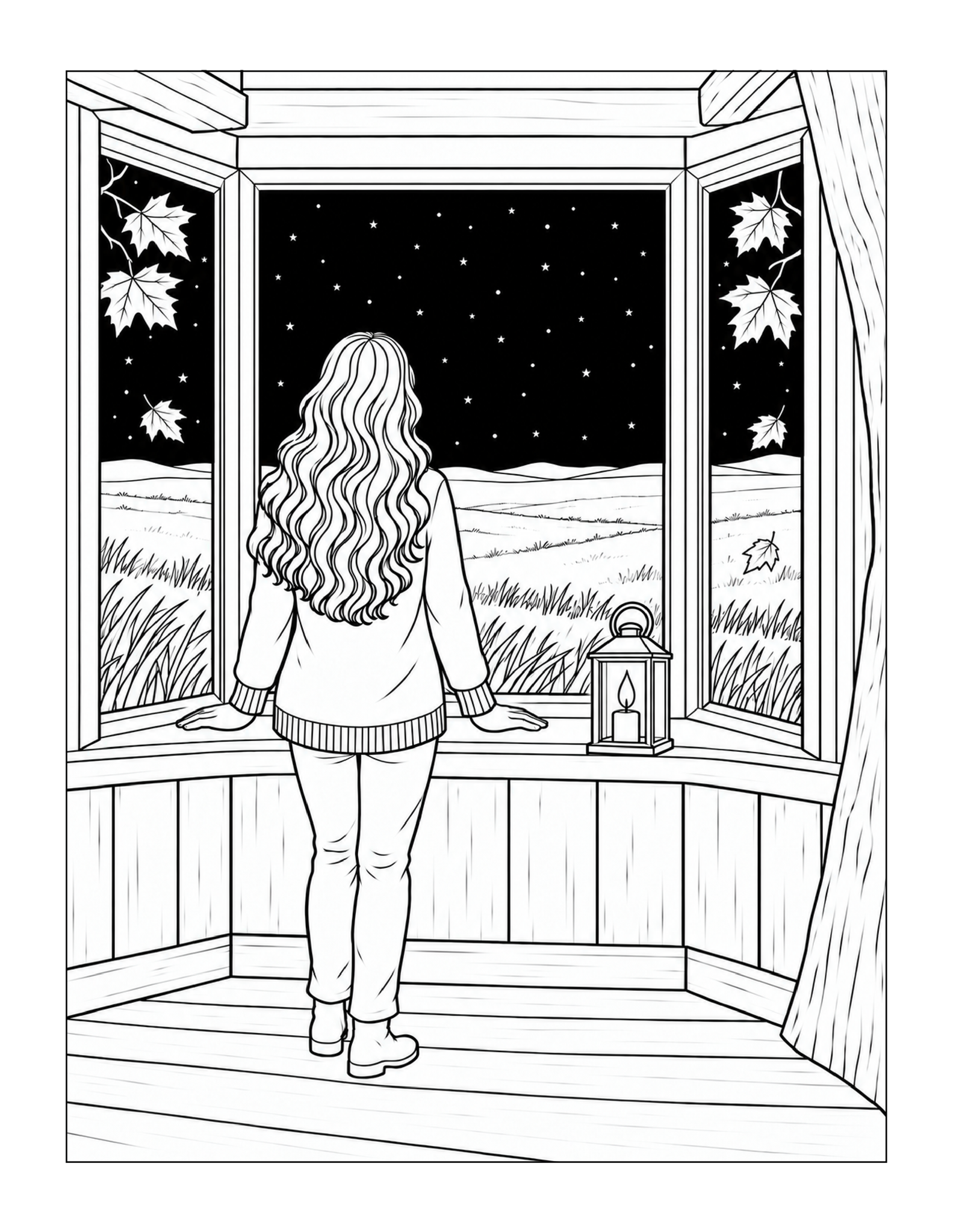 Free printable starry autumn window view coloring page