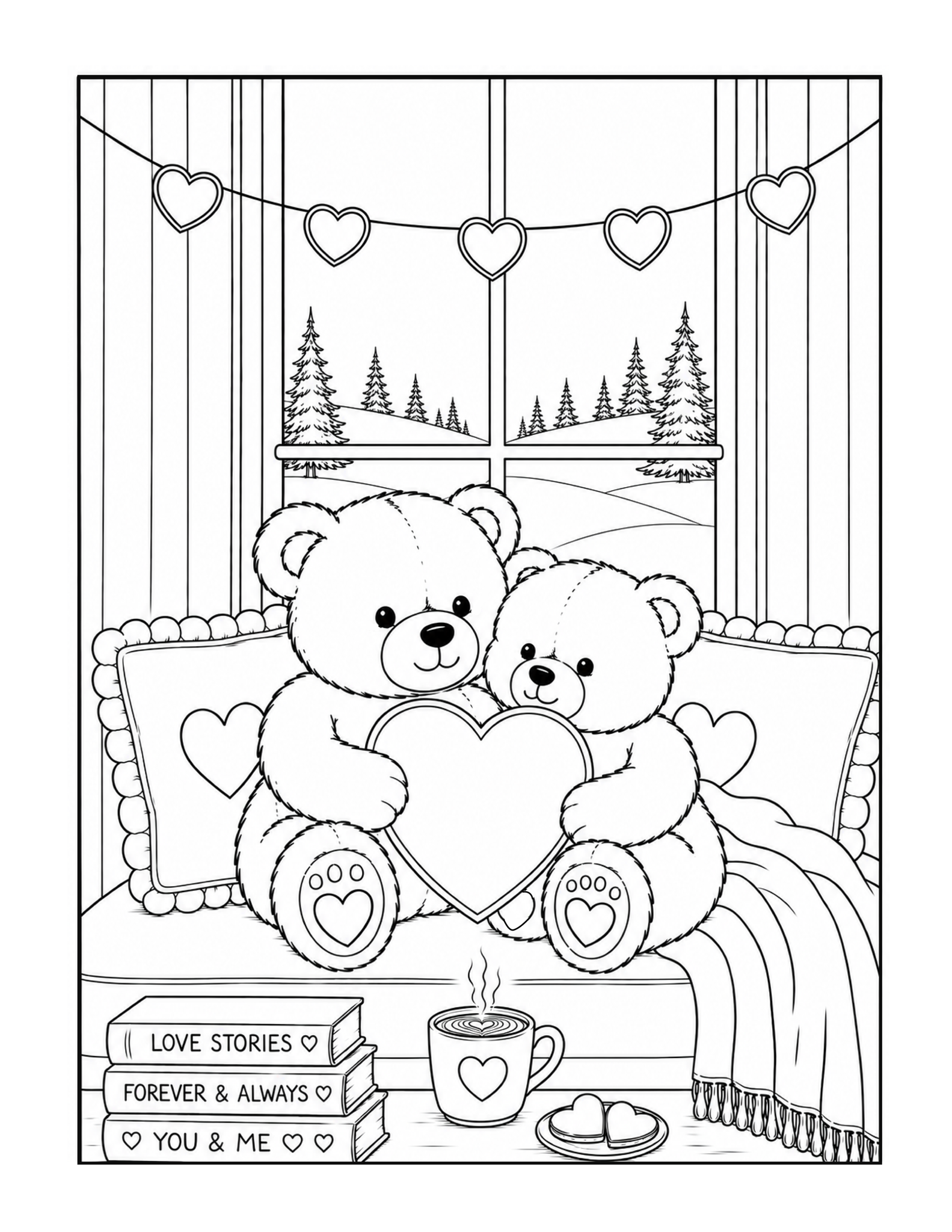 Free printable cozy Valentine bear couple coloring page
