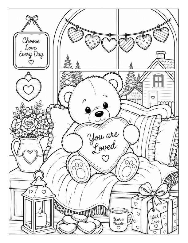 Free printable cozy Valentine’s Day bear coloring page