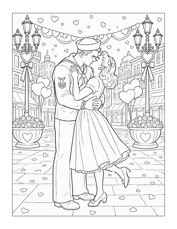 Free printable kissing couple Valentine’s Day coloring page