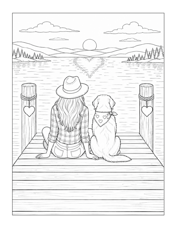 Free printable Nora and Scout sitting on the dock Valentine’s Day coloring page