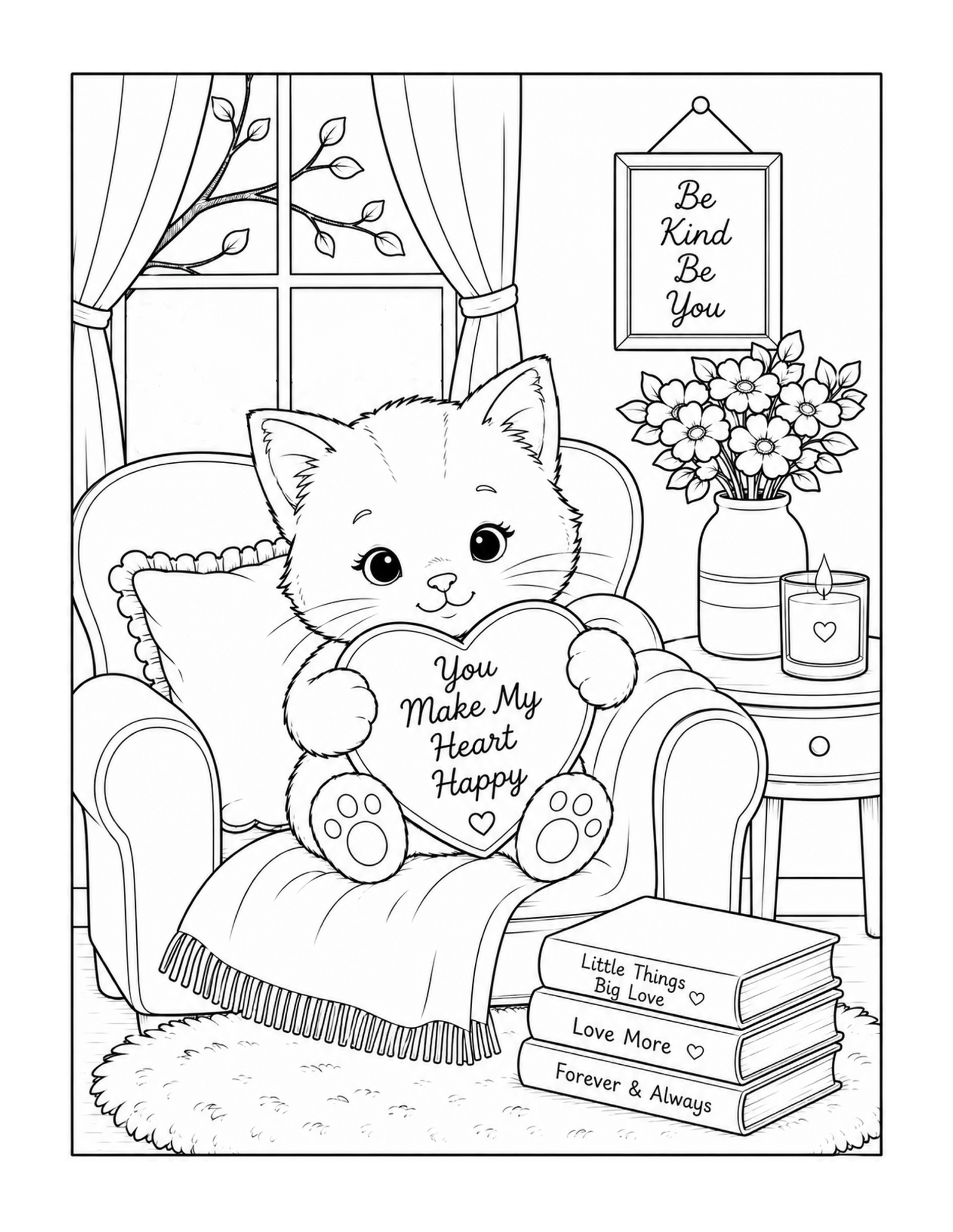 Free printable Valentine cat coloring page